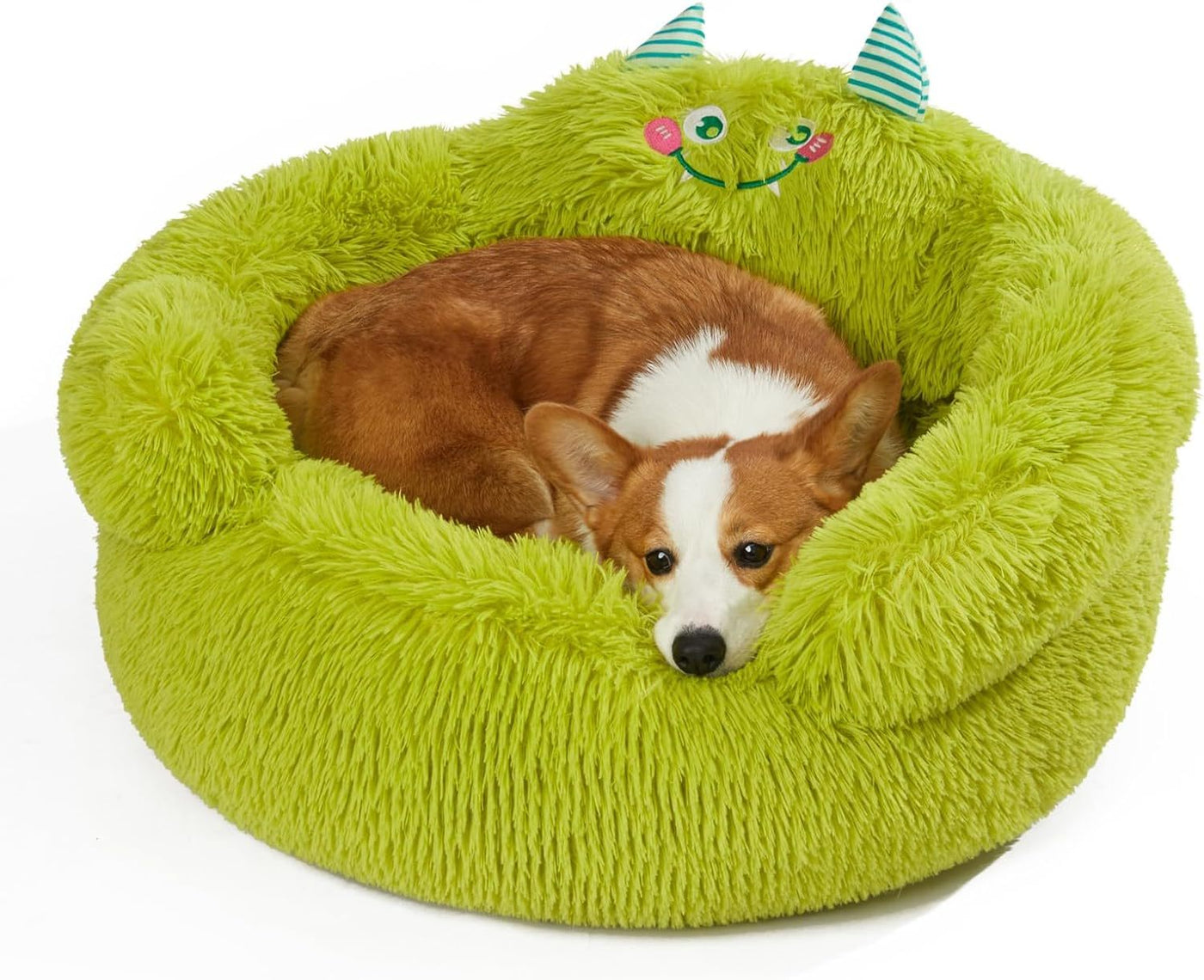 Cute Calming Dog And Cat Bed Indoor High Bolster Donut Dog Beds Comfortable Plush Cuddler Dog Be Size For Small Dogs And Cats Cute Cartoon Soft Bed Green