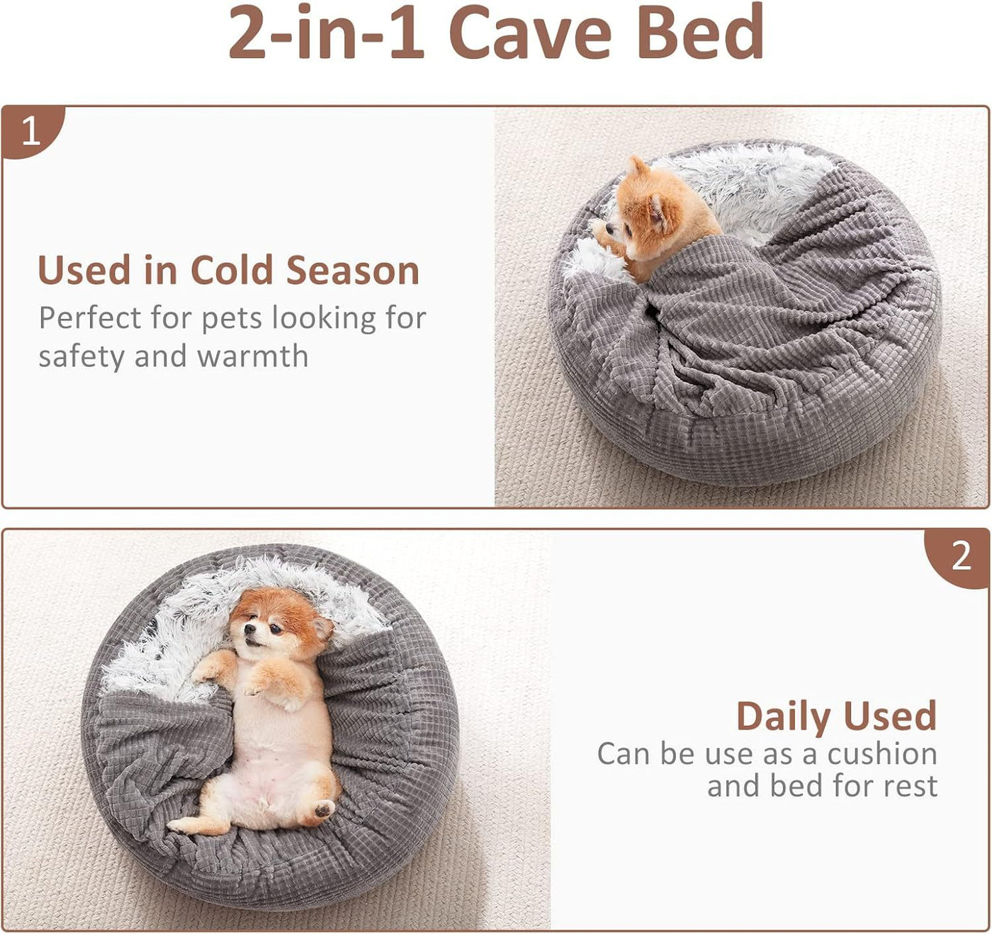 Small Dog Bed With Blanket Attached, Round Calming Hooded Cozy Cave Dog Beds For Small Dogs, Soft Plush Cuddler Puppy Pet Bed And Dog Burrow Cave Bed, Anti-Slip Bottom